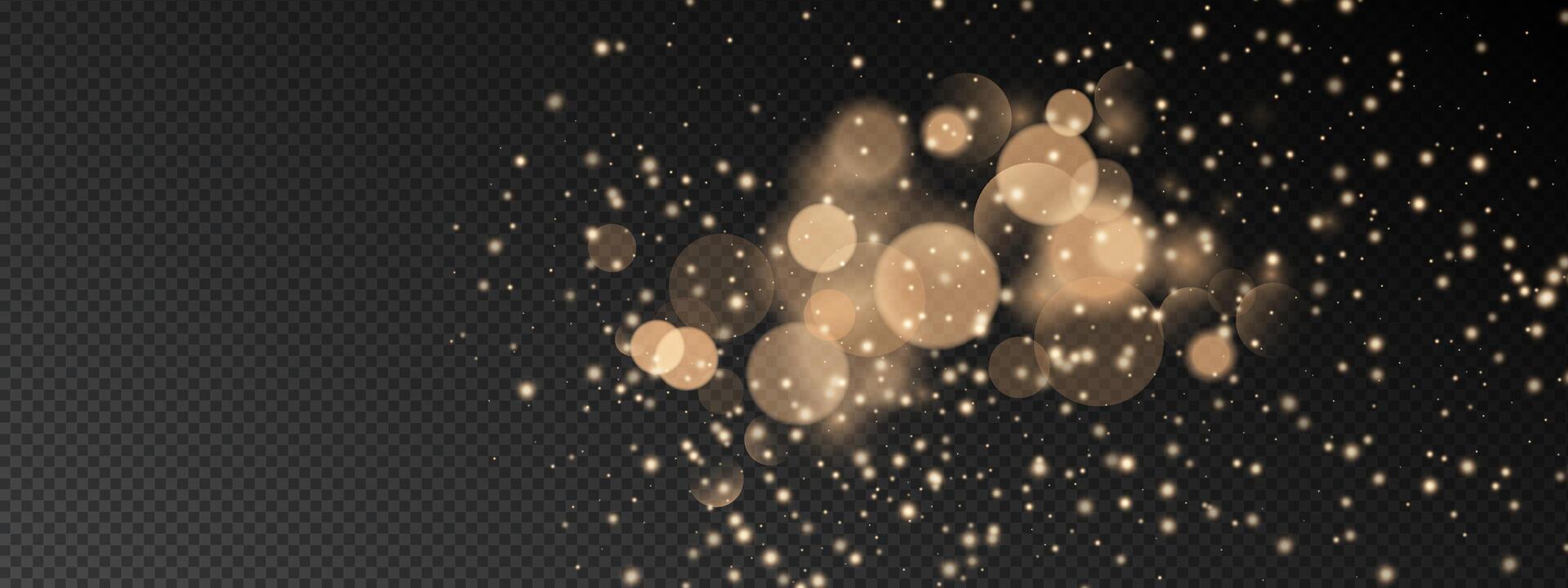 Light gold bokeh background with glitter effect and golden particles. Dust specks, confetti, flare circles, and magic sparkles create champagne glow. shine texture for festive firework designs vector