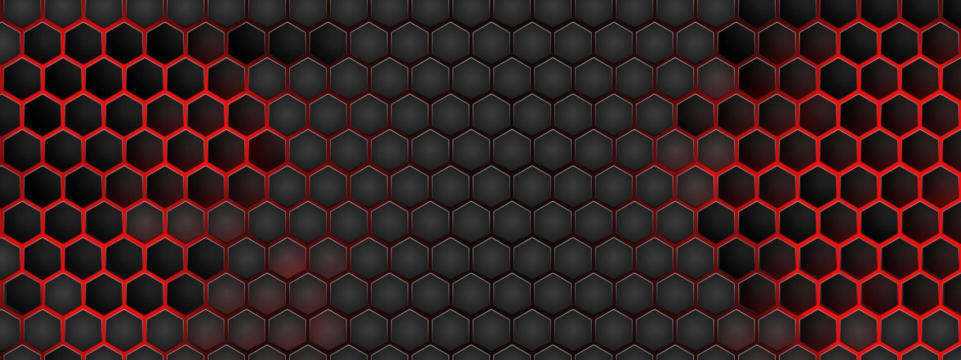 Red hexagon metal backdrop with honeycomb texture on black surface. Cyberpunk pattern displays neon mesh, steel geometric grid with tech architecture elements. structure vector