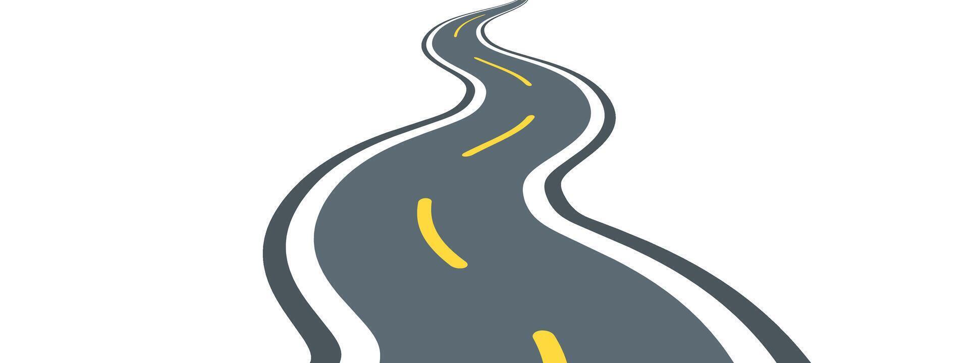 Winding highway with curve perspective showing asphalt path on white backdrop. illustration features grey pavement with yellow lane markings, white border lines. Graphic icon for journey vector