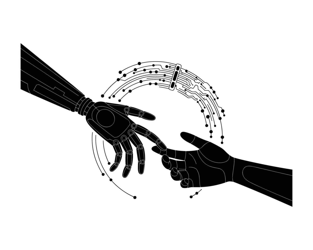 dos robótico manos alcanzando fuera a toque con digital datos fluido Entre ellos simbolizando conexión y artificial inteligencia vector