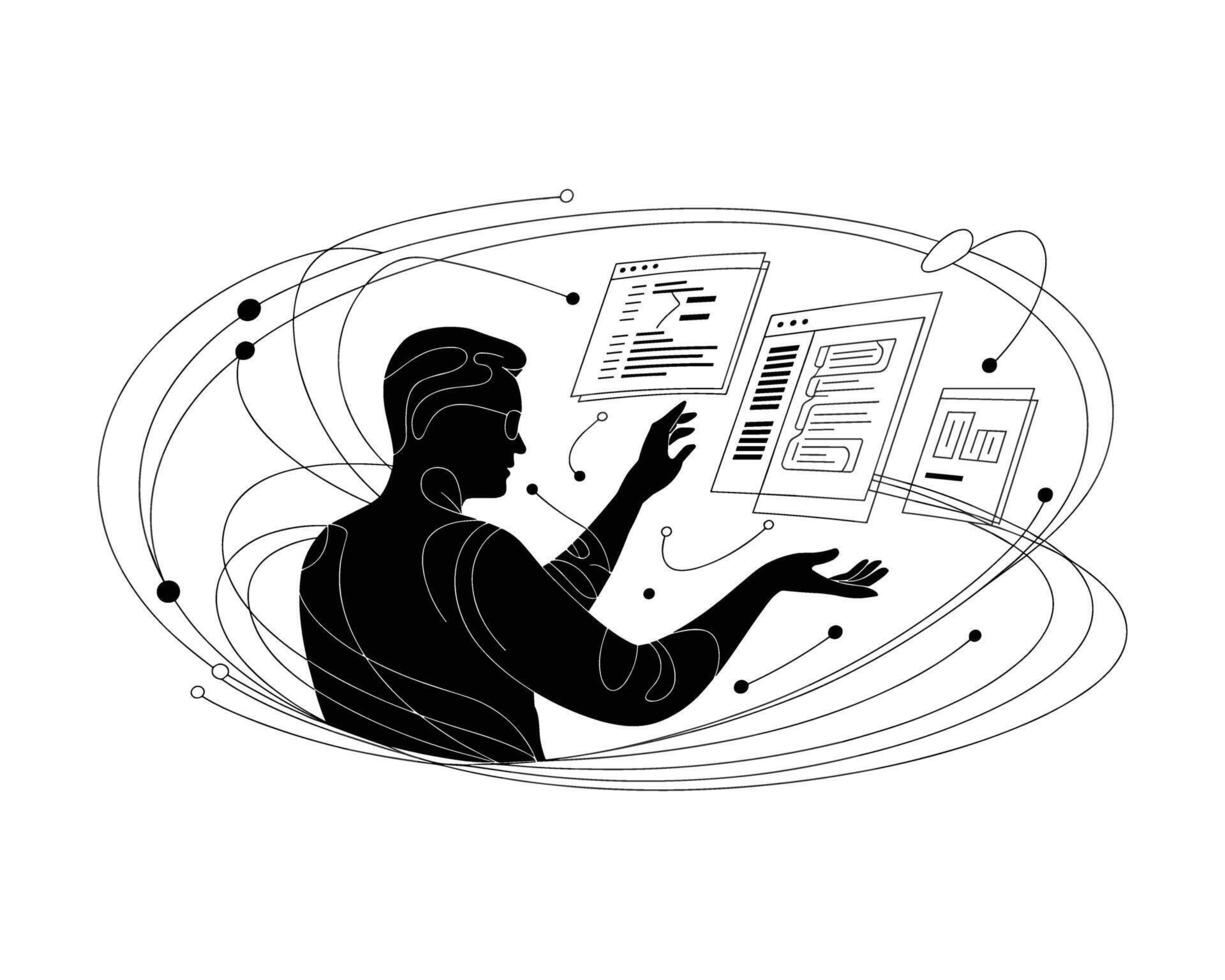 silueta de un persona interactuando con un complejo digital red de datos y información corrientes vector