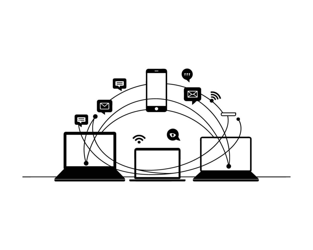 conectado dispositivos y digital íconos formando un red de comunicación y información fluir vector