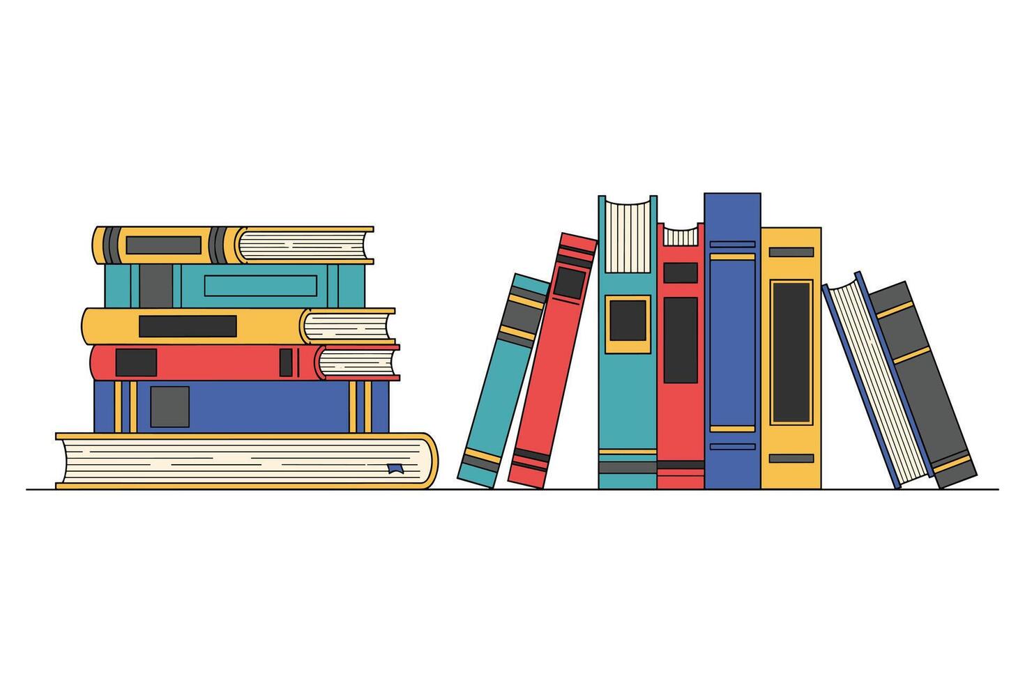 Stack and Row of Colorful Books Flat Line Art Illustration vector