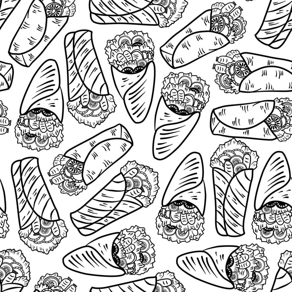 Kebab Pattern background. burrito pattern background. shawarma pattern background. Rolled Sandwich doodle illustration pattern. vector