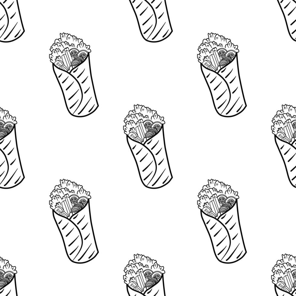 Kebab Pattern background. Rolled Sandwich doodle illustration pattern. Shawarma pattern background. Meat wrap background. Burrito pattern background. Grill roll pattern. vector