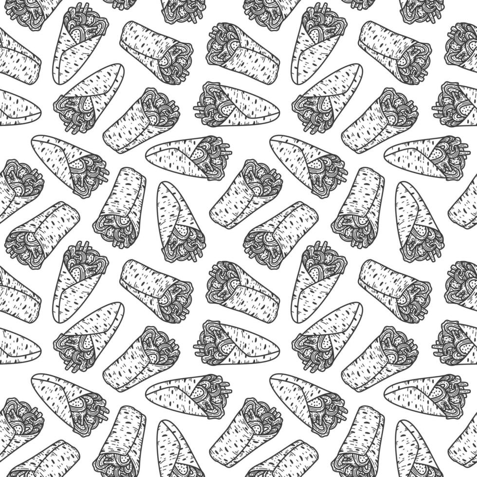 Meat wrap background. Kebab Pattern background. Burrito pattern background. Grill roll pattern. Rolled Sandwich doodle illustration pattern. Shawarma pattern background. vector