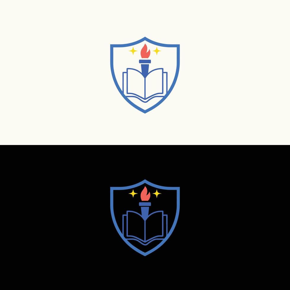 Education logo design with book and torch in shield for school college university academy and learning center vector