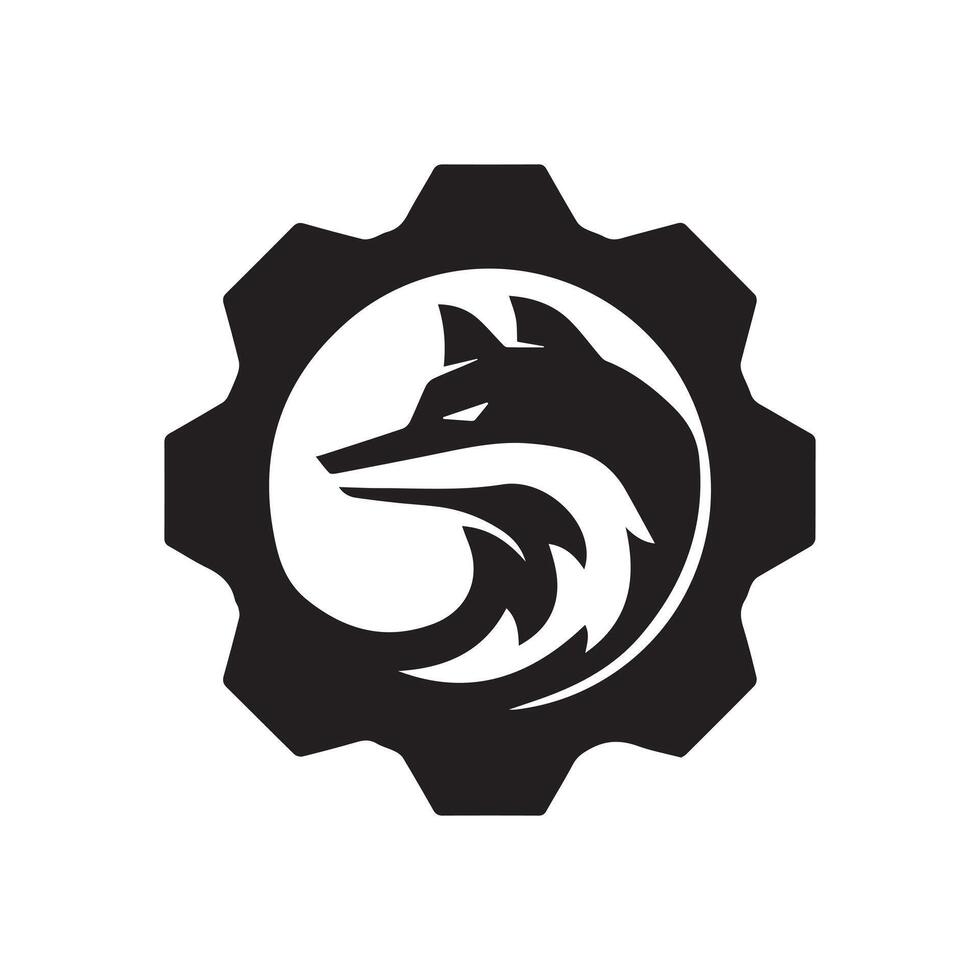 Sleek and dynamic fox head integrated into a robust gear symbol, creating a powerful emblem of innovation, progress, and wild intelligence vector