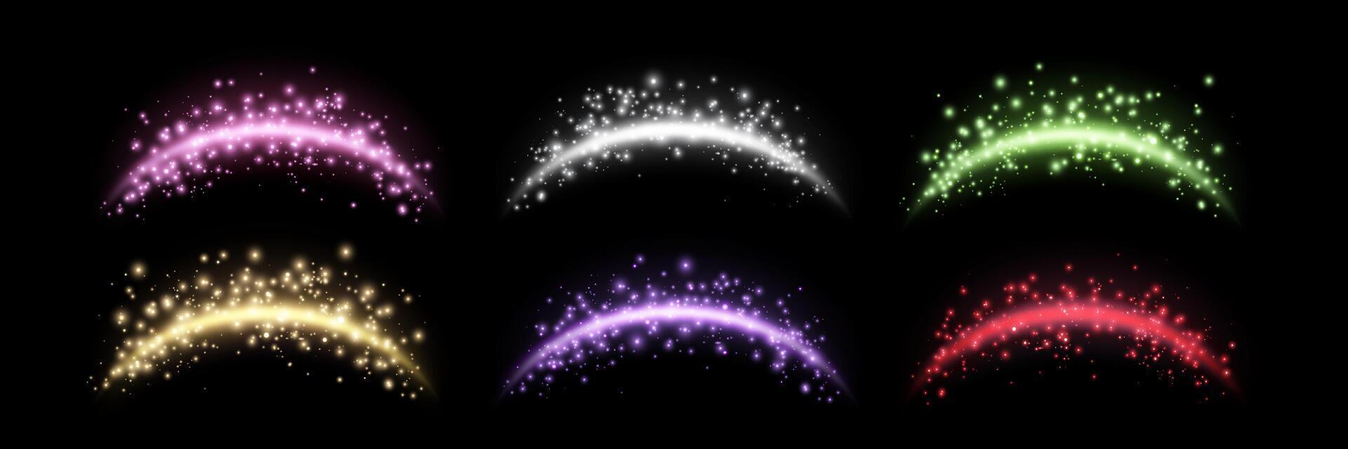 Magic arches different colors with glowing particles, sunlight lens flare. Neon realistic energy flare arch. Abstract effect on a black background vector