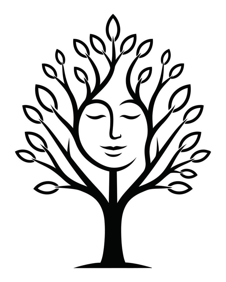 Stylized tree with a serene face integrated into its branches and trunk vector