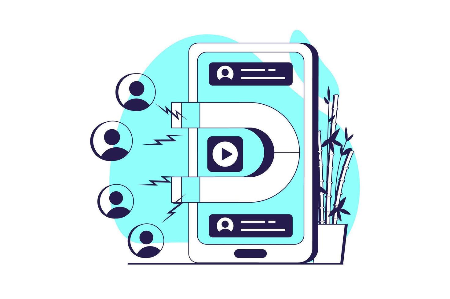 Marketing web concept with flat people for website design. Advertising campaigns with sharing information, attracting audience online, clients interacting with posts at apps. illustration. vector