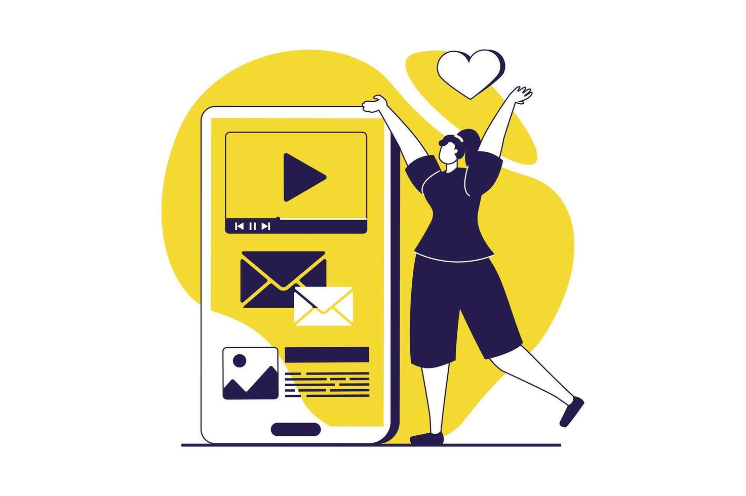 People sit in gadgets web concept with flat people for website design. Woman watching content, chatting and sending messages at mobile app, spending lot of time online. illustration. vector