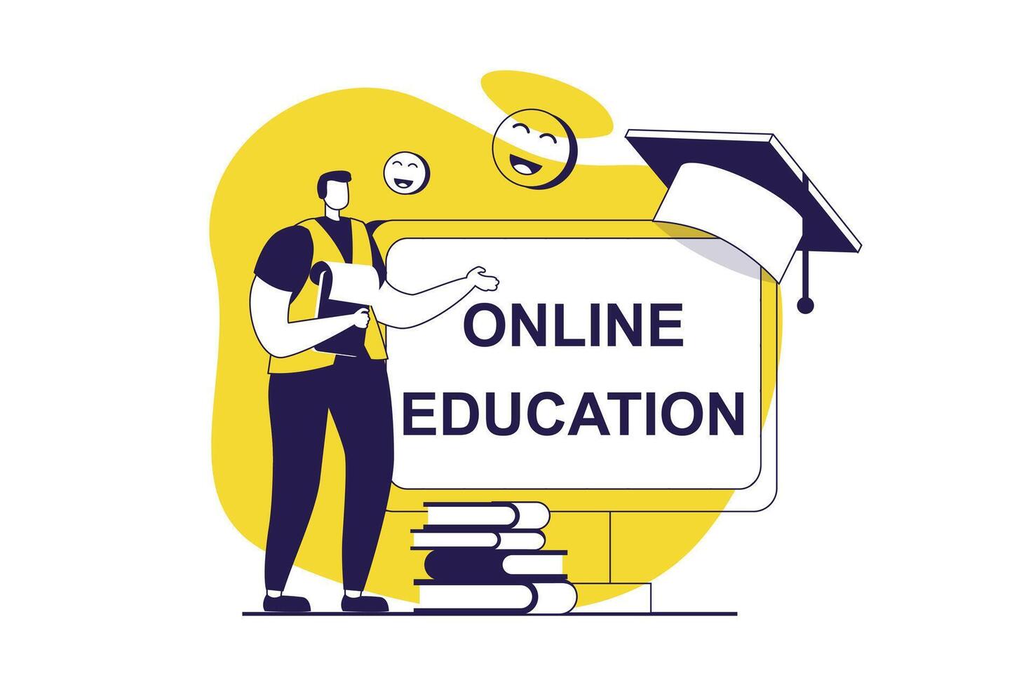 Online education web concept with flat people for website design. Man learning at educational platform, watching lessons in virtual classroom, preparing to exam, graduation. illustration. vector