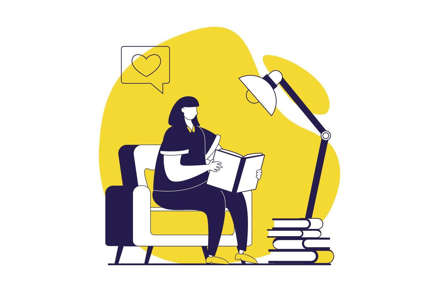 People reading book web concept with flat people for website design. Woman reads literature while sitting in armchair under lamp, reader enjoying hobby with different texts. illustration. vector