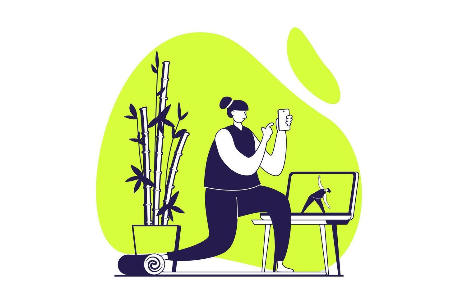 People sit in gadgets web concept with flat people for website design. Woman training with videos from sport blog, exercising and using her mobile phone, working with tutorials. illustration. vector