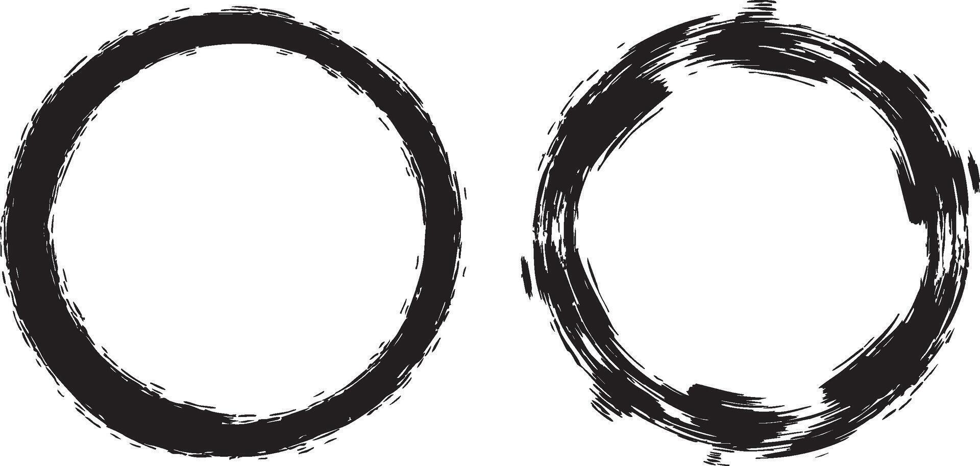 Set of two round brush stroke circle frames grunge texture borders isolated on transparent vector