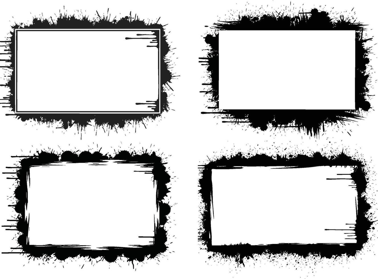 Abstract set of four black brush stroke rectangle frames grunge style ink splatters borders element vector