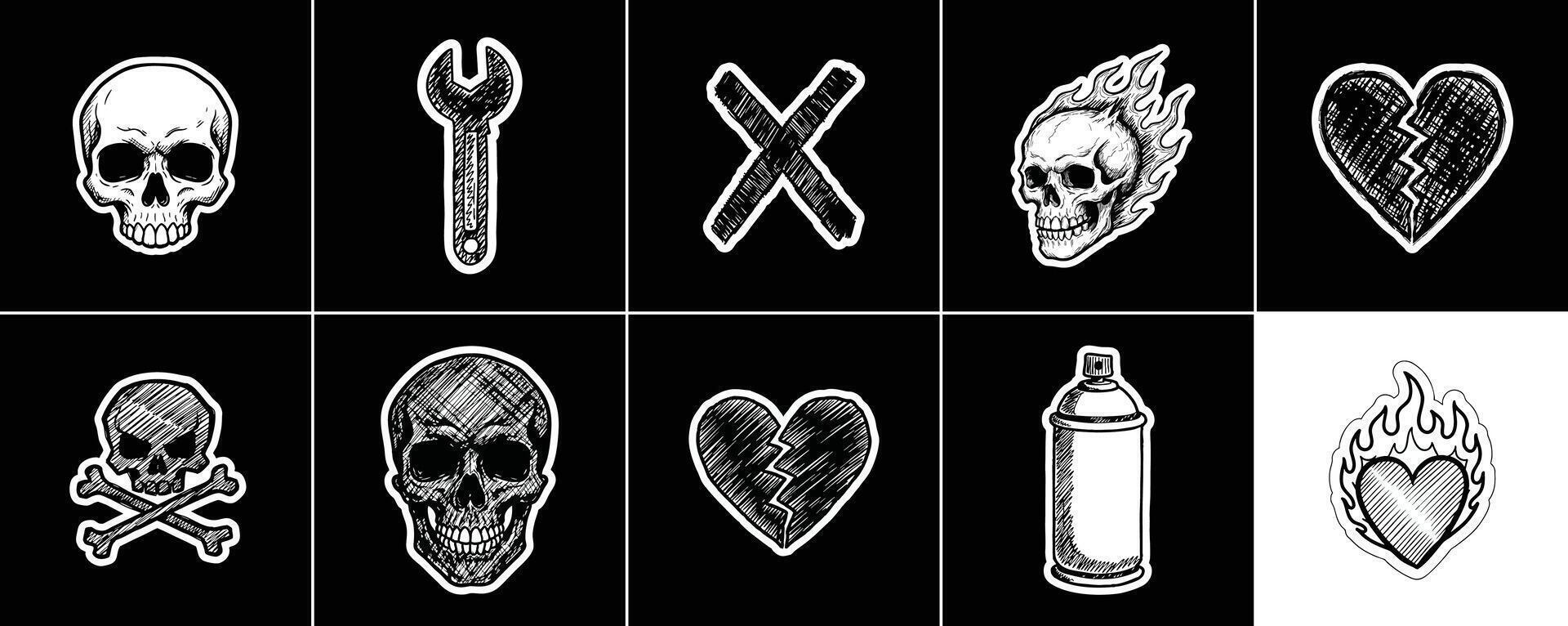 Compilation of edgy graphic elements skull and broken heart icons vector