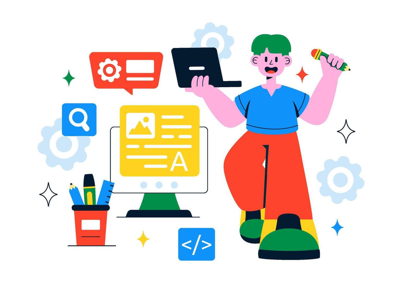 AI Content Generator Featuring Modern Language Enhancement Solutions In A Stylish Flat Scene vector