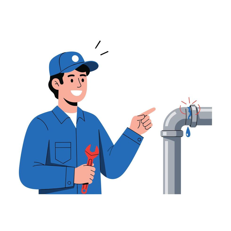 Skilled plumber expertly fixing a leaking pipe with a wrench while pointing. vector