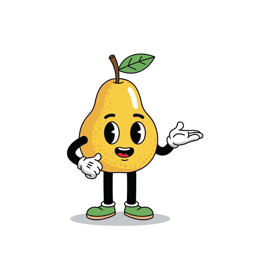 A cheerful cartoon pear character with a retro animation style stands with its arm outstretched. vector