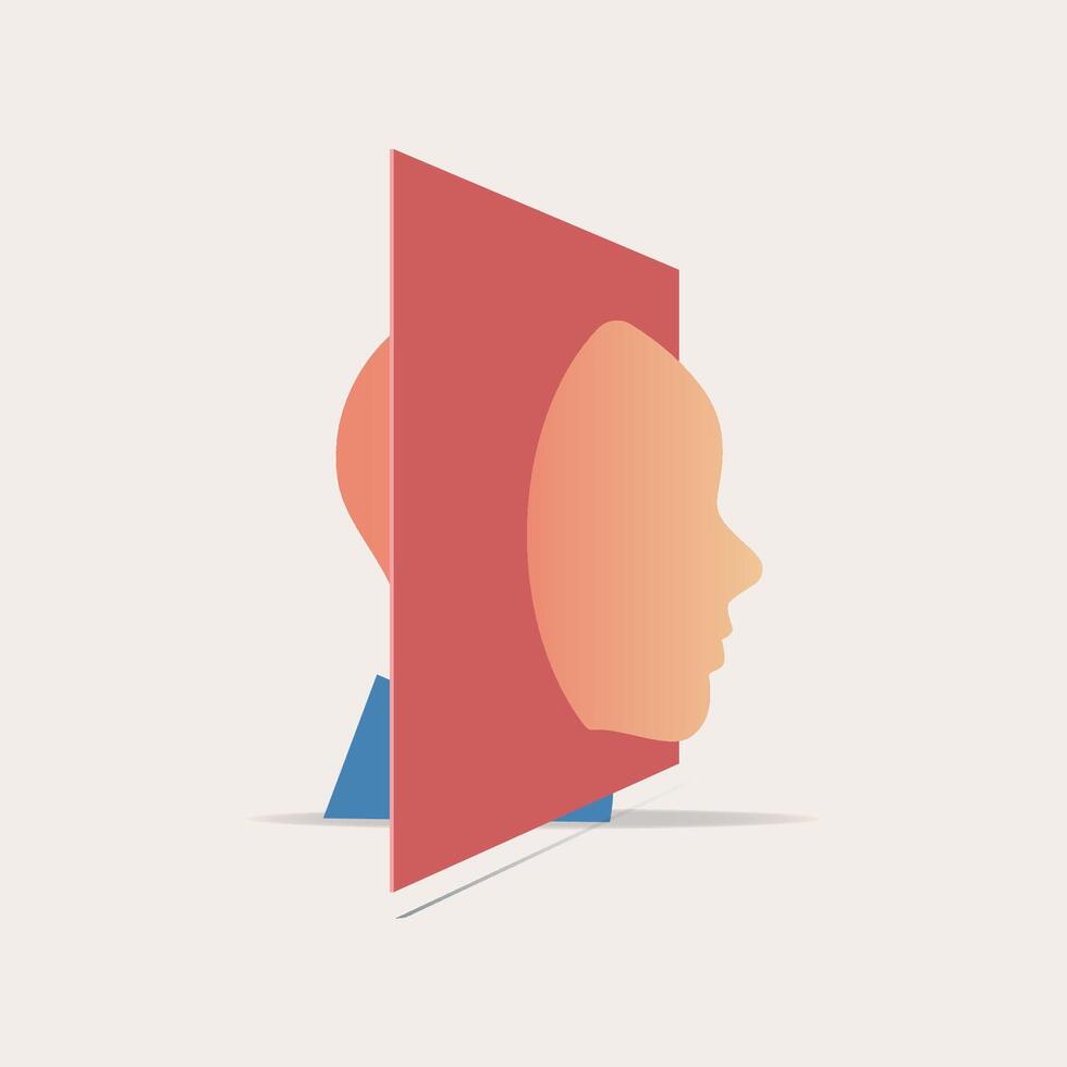 Illustration of a human head partially emerging through a red geometric panel, creating a surreal and conceptual visual vector