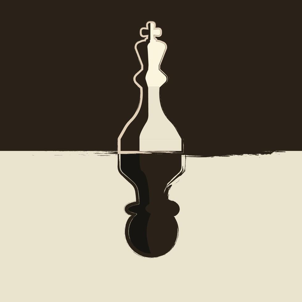 Chess king piece with its reflection showing a pawn, symbolizing themes of identity, ambition, hidden potential, leadership, self-perception, and transformation vector