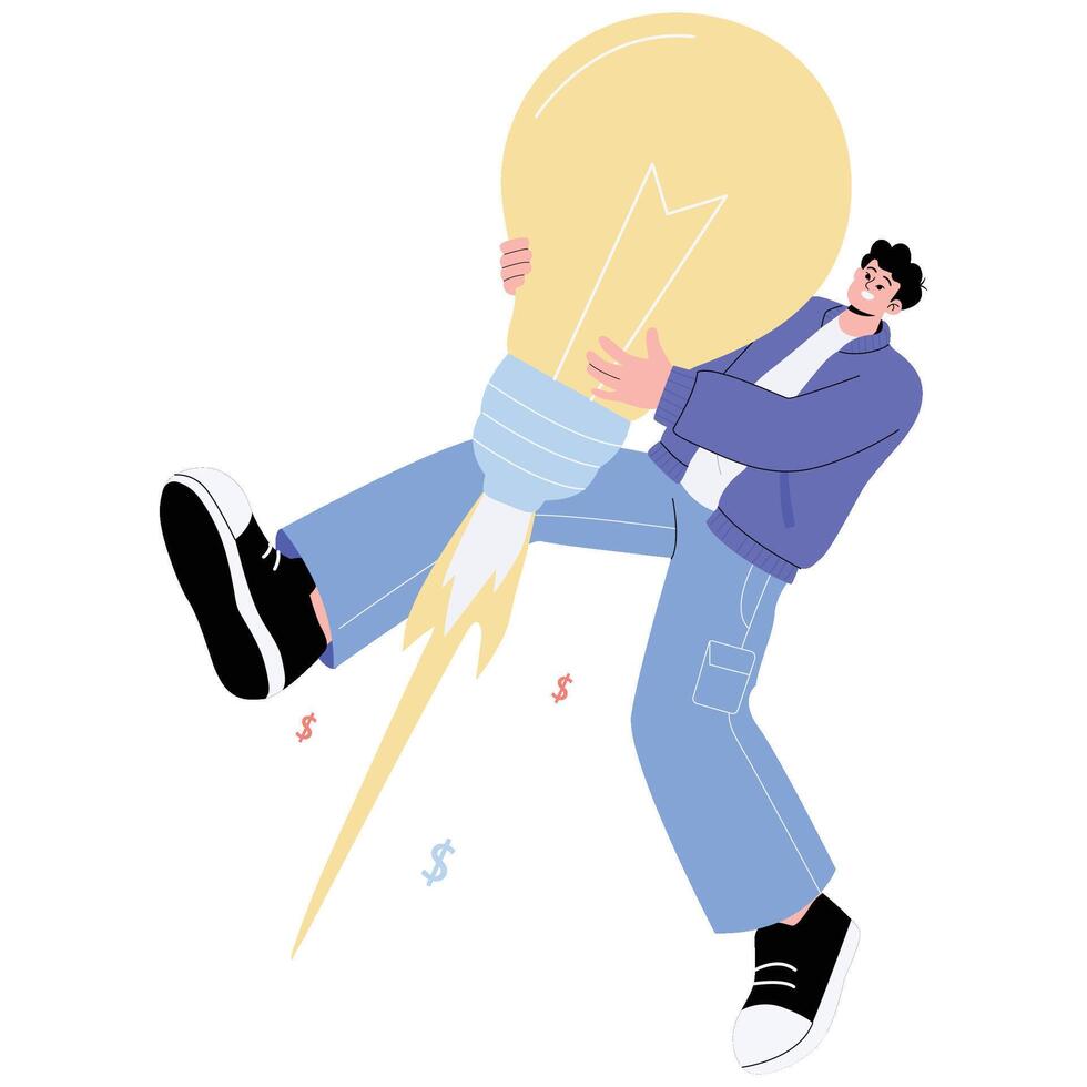 Man holding giant rocket lightbulb with money symbols, symbolizing profitable startup idea, revenue growth and innovation. vector