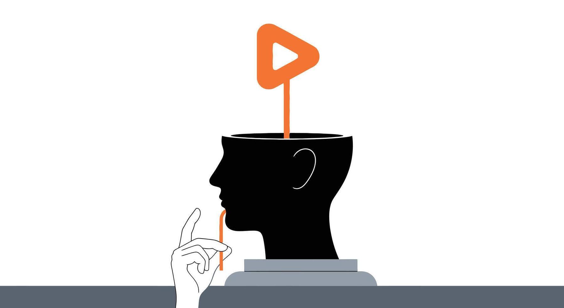 Silhouette of a head with an open top, a hand touching chin, and an orange play button icon emerging, representing contemplation and new ideas vector