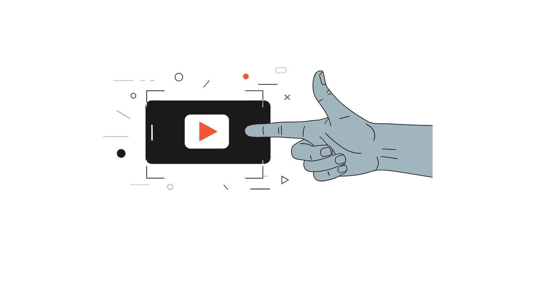 Finger pointing at youtube play button on smartphone screen with abstract elements vector