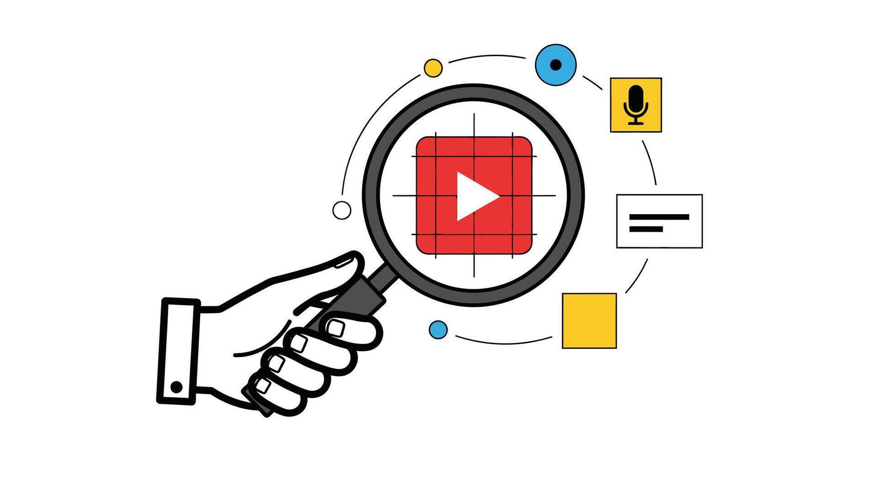 Hand holding magnifying glass over youtube logo with icons representing analytics and content vector