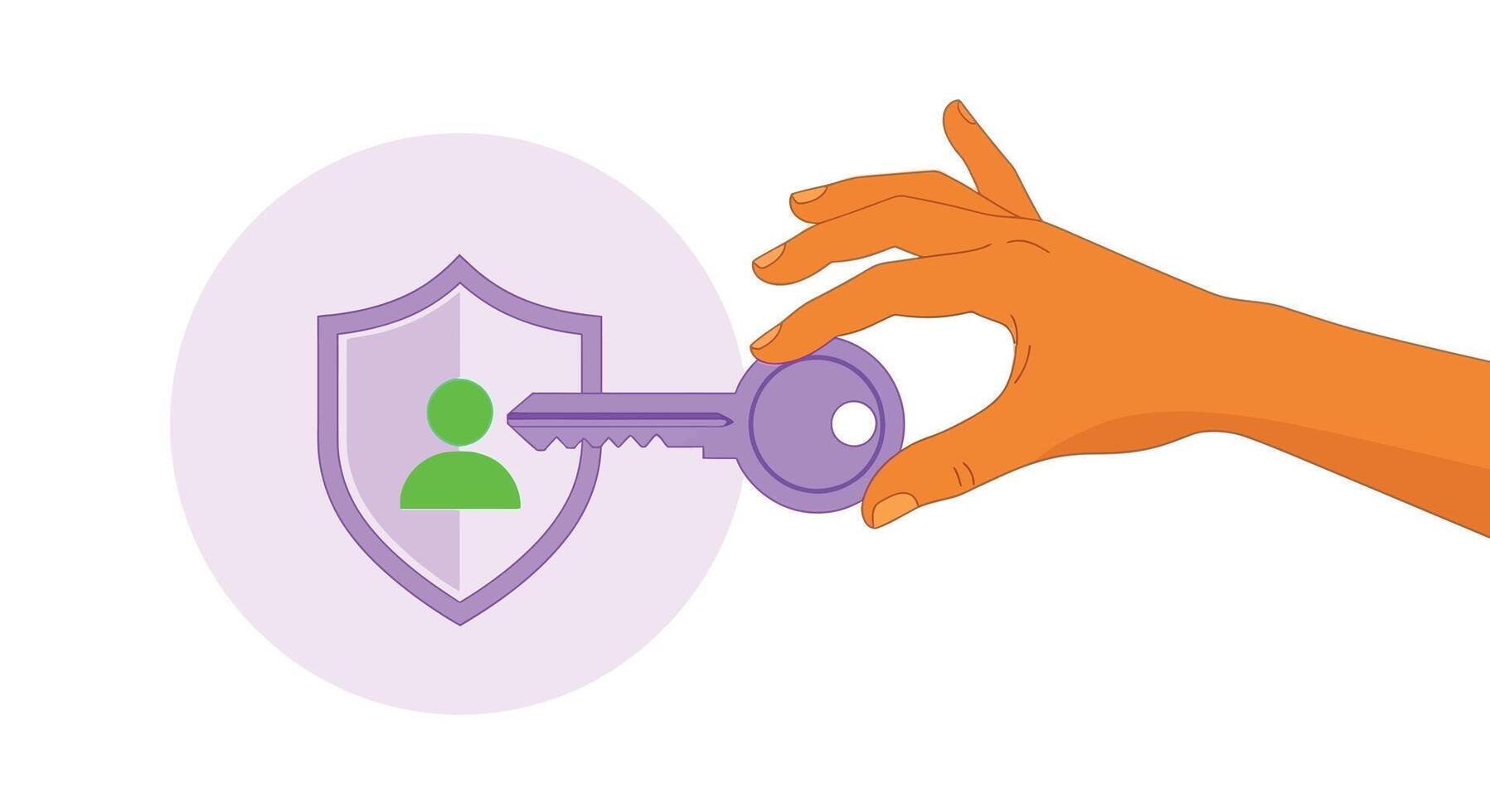 Hand inserting a purple key into a shield with a person icon, representing security and access vector