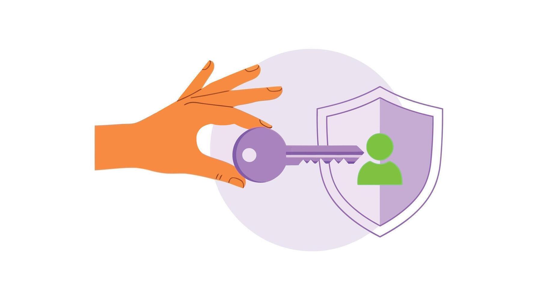 Hand holding a purple key to unlock a shield with a person icon, symbolizing access and security vector