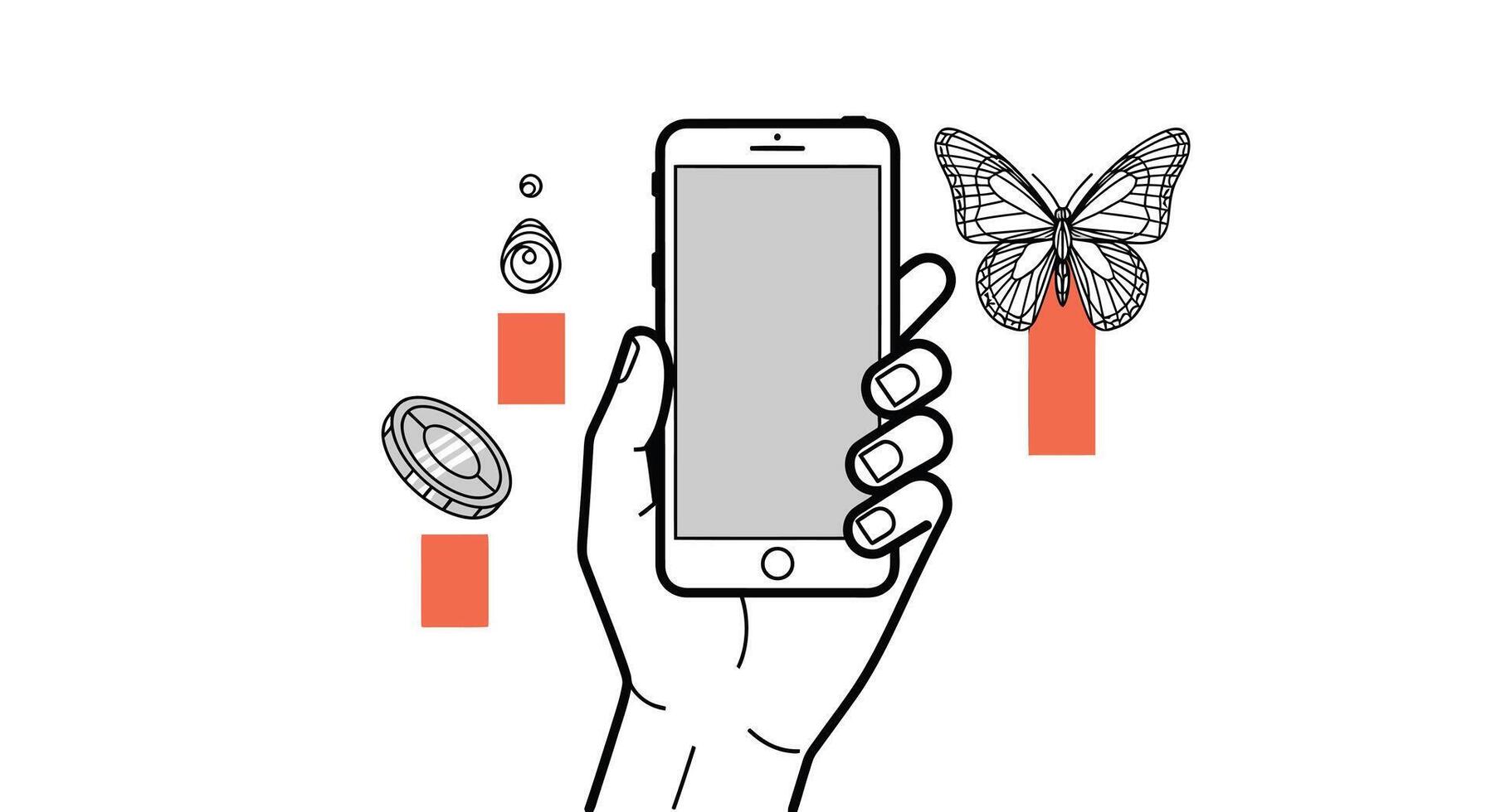 Hand holding a smartphone with icons of a butterfly, coin, and abstract shapes vector