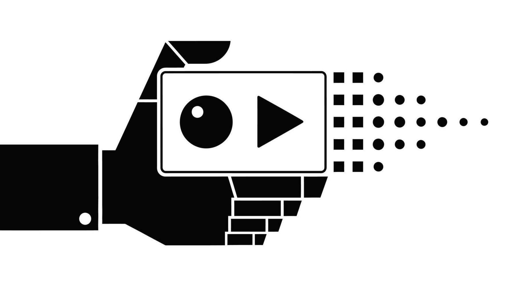 Hand holding a digital camera with a play button and sound waves emanating from it vector