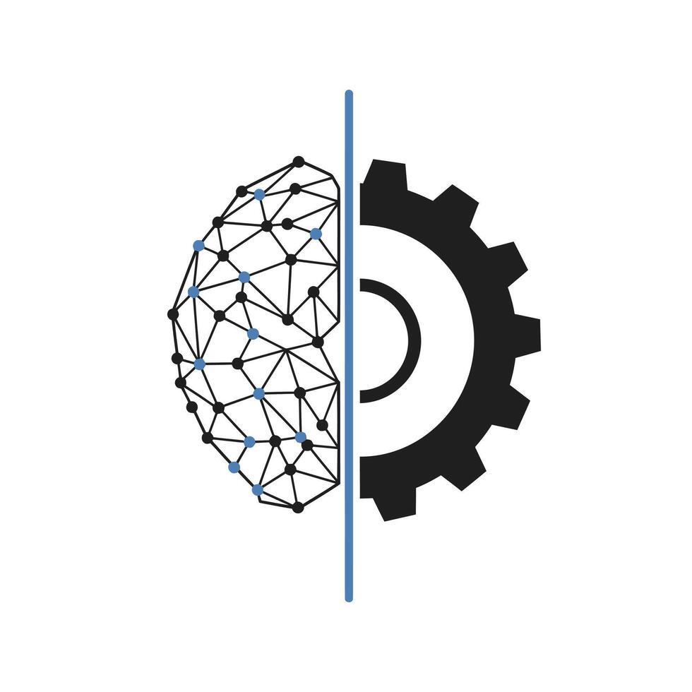 Abstract representation of artificial intelligence and mechanical engineering, symbolizing the integration of human intellect and machine precision vector