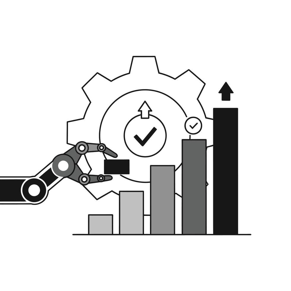 un robot brazo agregando un bloquear a un bar grafico con un engranaje en el antecedentes vector