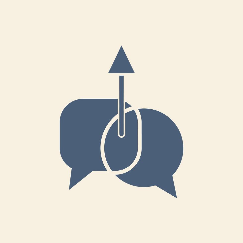 Two blue speech bubbles linked by a chain and an upward arrow, signifying connected communication and advancement vector