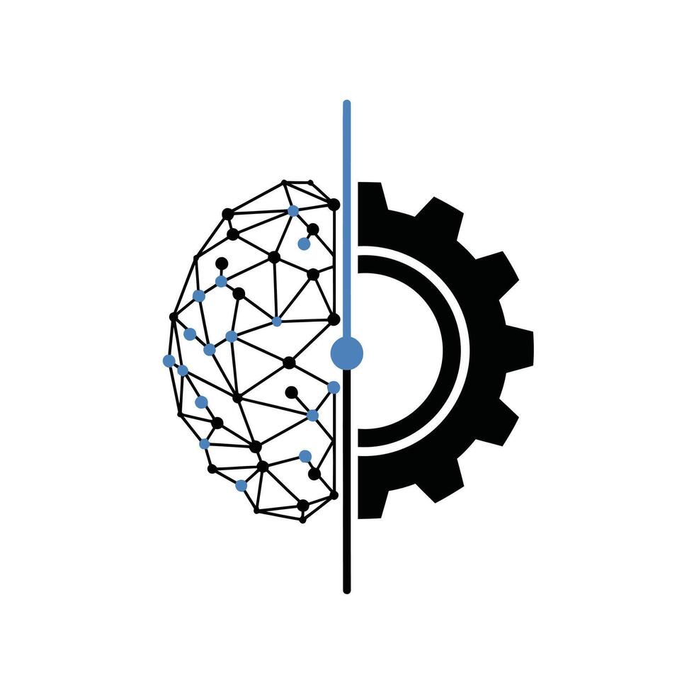 Split image showing a geometric brain network on the left and a gear on the right, symbolizing artificial intelligence and mechanics vector