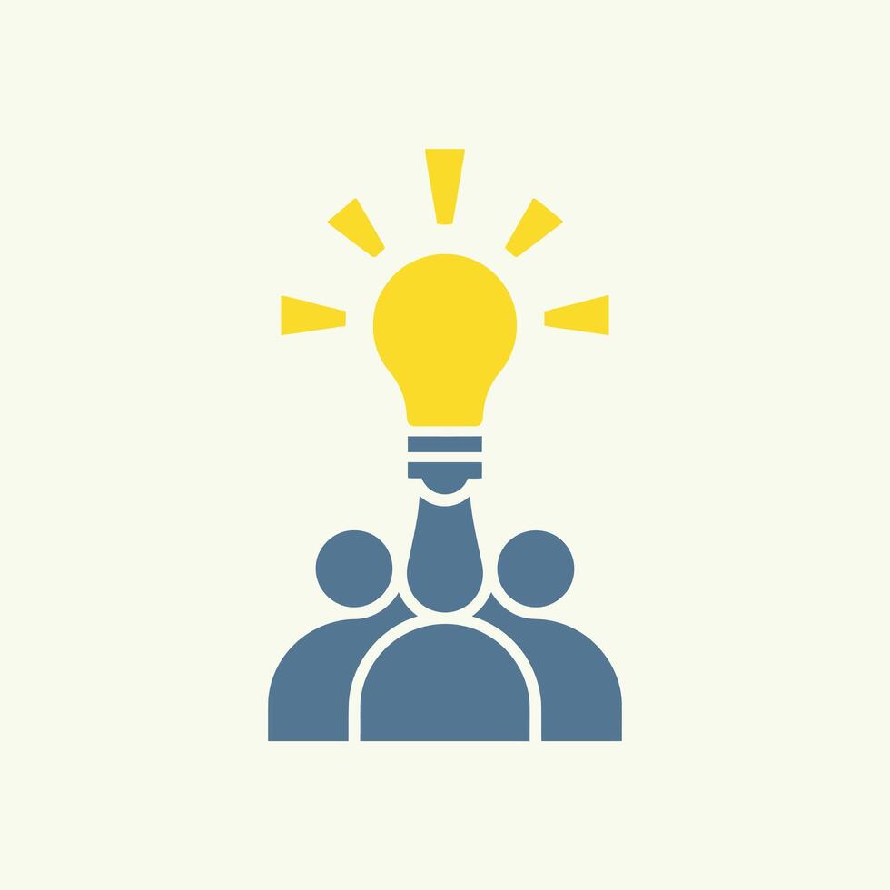 Three blue figures beneath a glowing yellow lightbulb, signifying teamwork and innovative idea generation vector