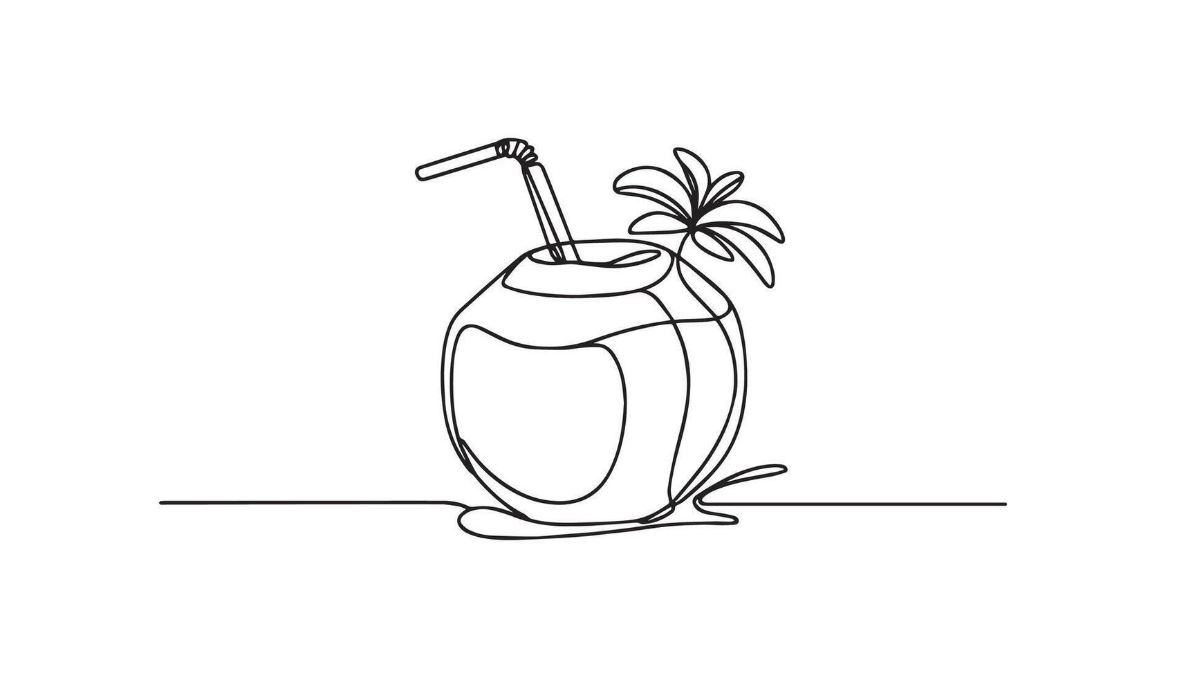 continuous line drawing of coconut drink with straw and palm tree vector