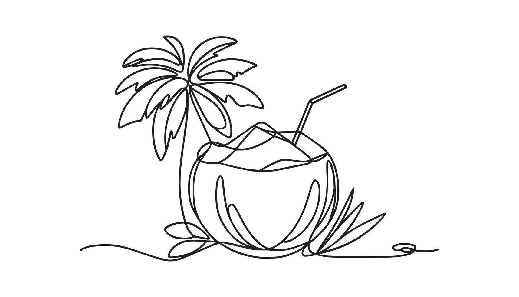 a continuous line drawing of coconut drink with straw and palm tree vector