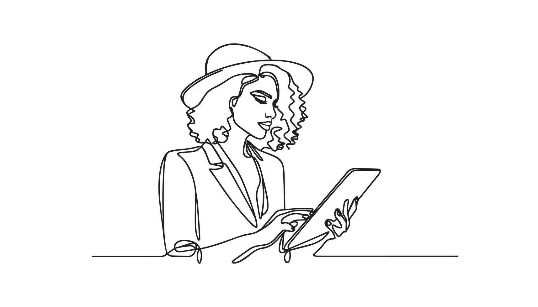 continuous line drawing of a woman in a hat and jacket using a tablet computer vector
