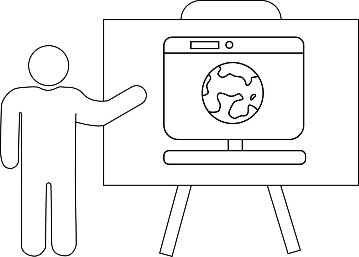Person pointing to a screen showing an earth globe on a whiteboard display supported by legs vector
