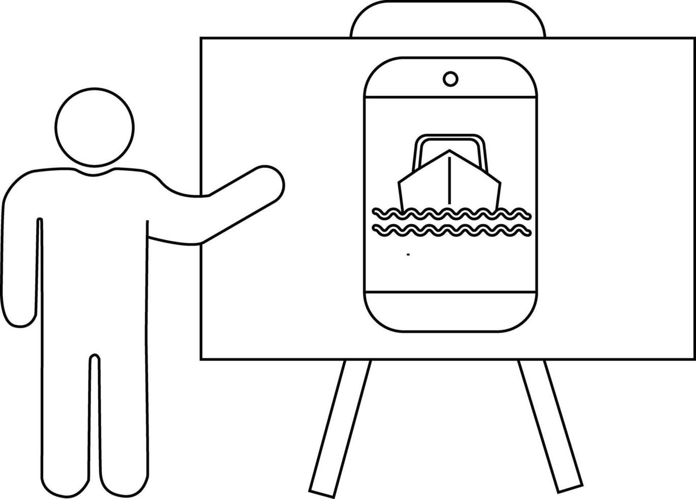 Presenter points to a boat on a smartphone displayed on a whiteboard with legs vector