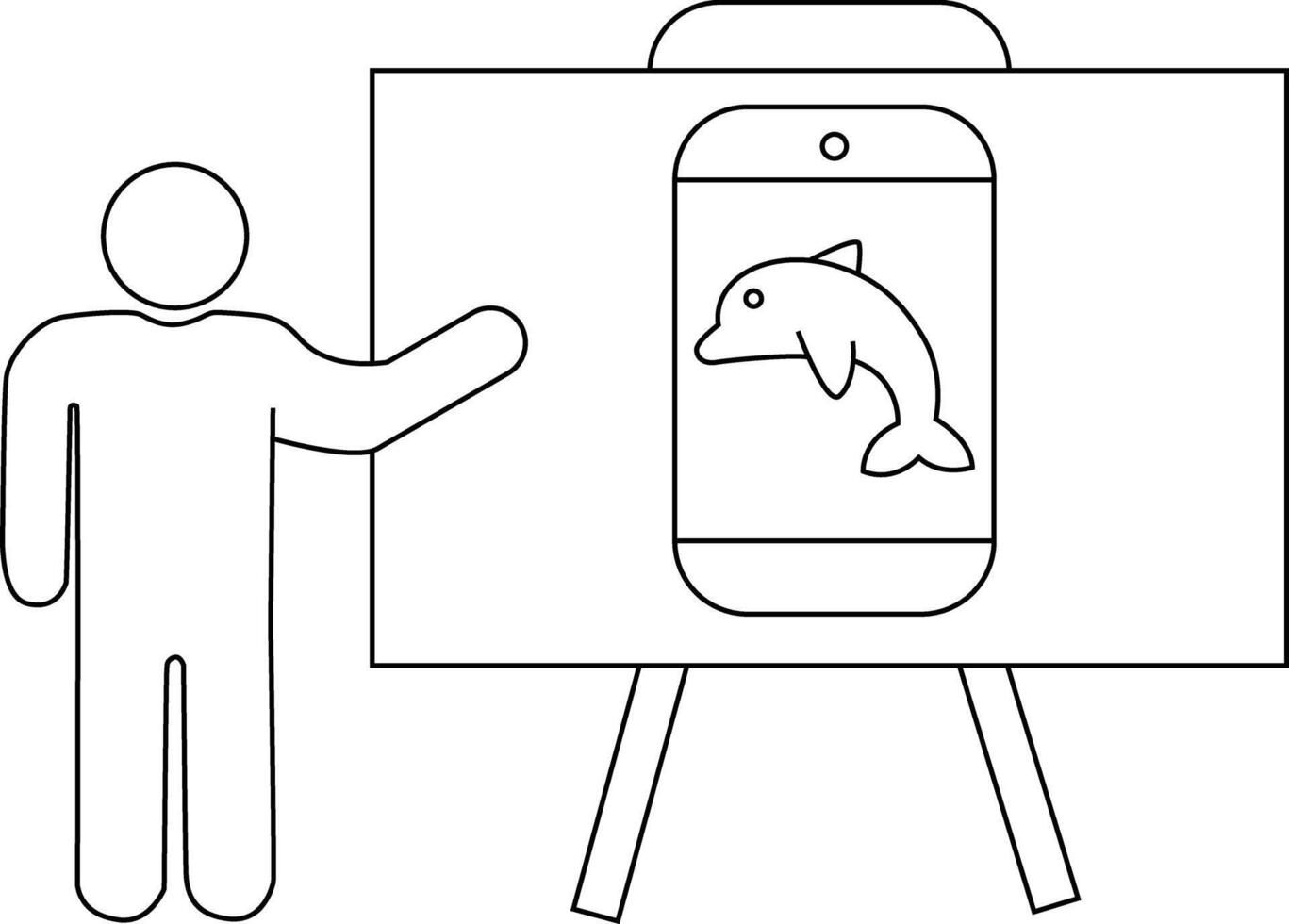 Illustration of a person presenting a smartphone display with a dolphin image on an easel vector