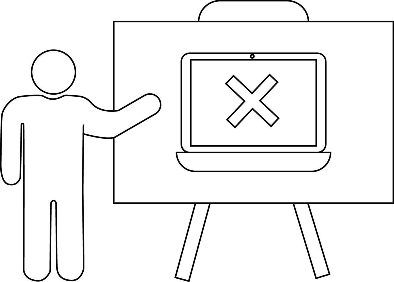 A figure points at a whiteboard showing a laptop with an X on its screen vector