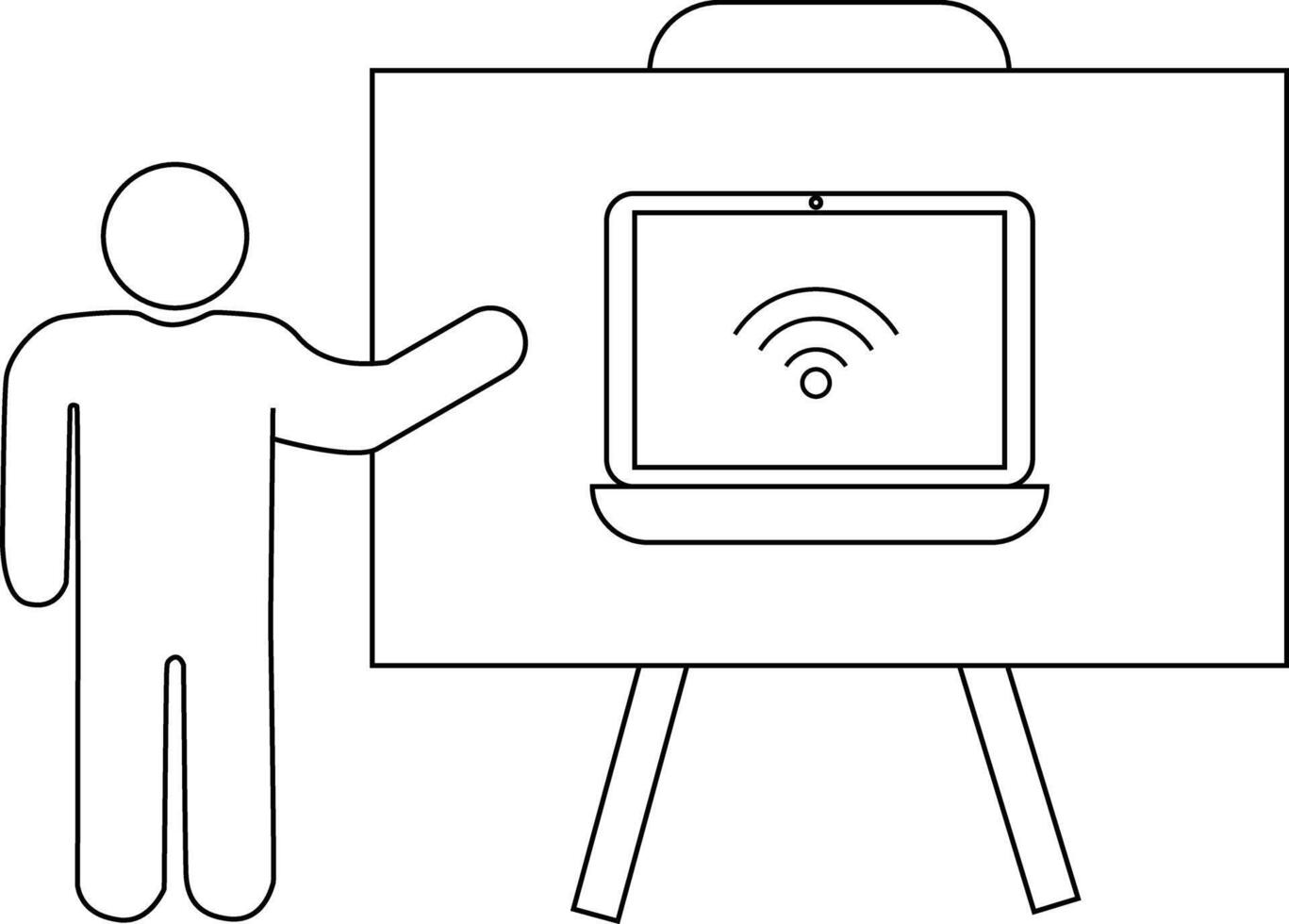Line drawing of a stick figure presenting a laptop with a WiFi symbol on a whiteboard on an easel vector