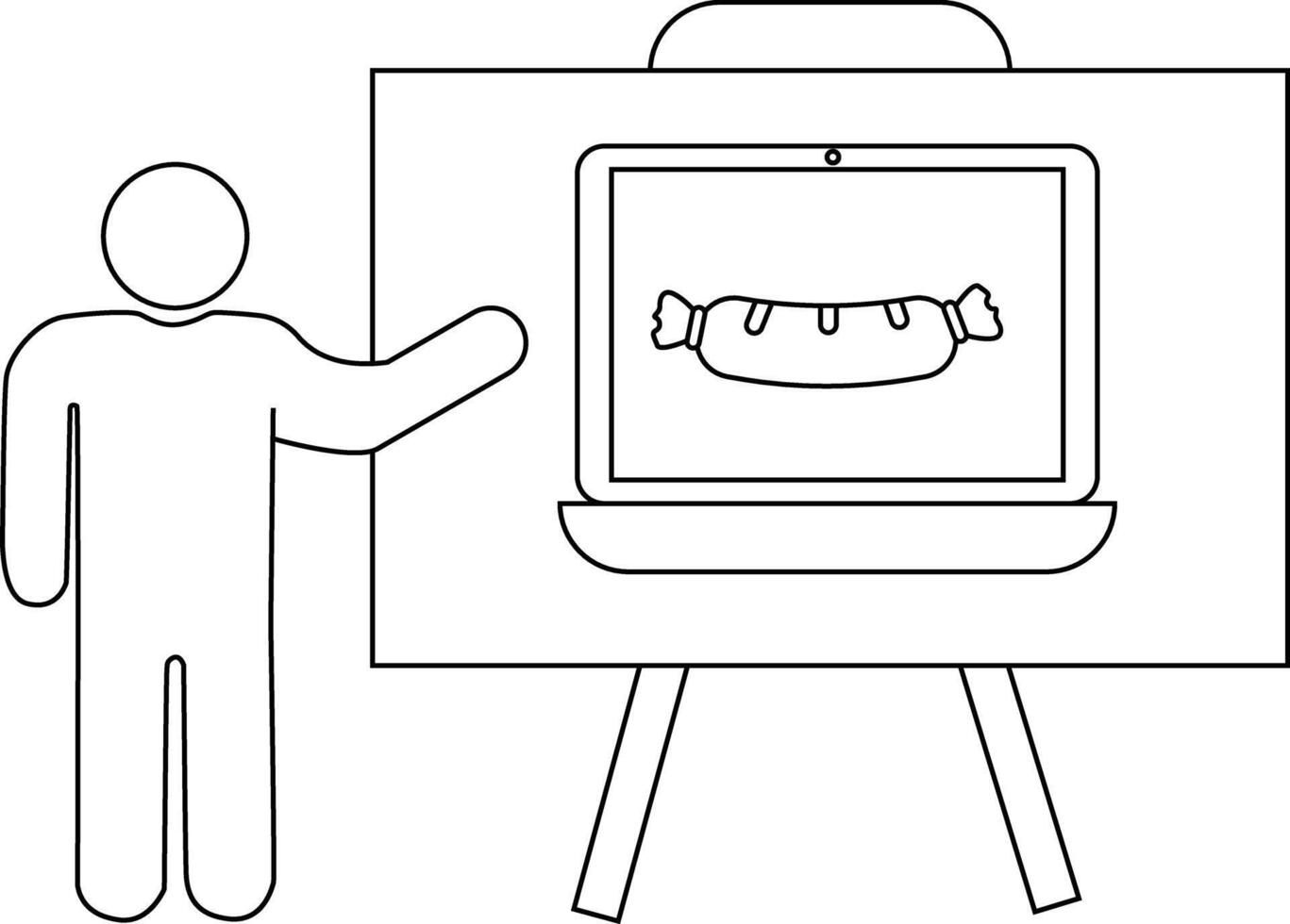 Presentation of a sausage on a laptop presented by a person set on an easel vector