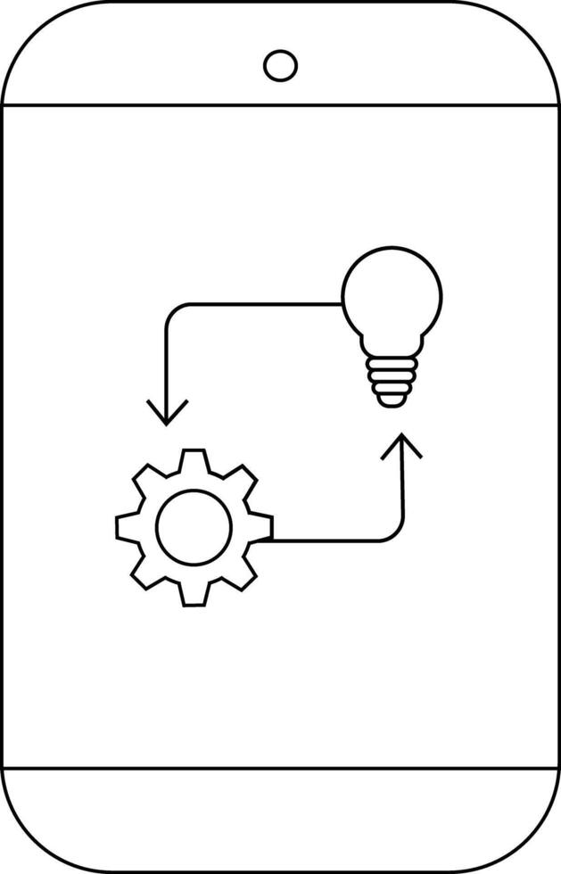 Phone with a lightbulb and a gear connected by arrows indicating information flow vector